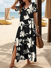 abordables Robes fleuries-Femmes Robe maxi Robe Décontractée Robe d&#039;Été Robe trapèze Vacances Occasionnel Plage Coupe régulière Fleuri Graphique Manche Courte Col en V Noir Blanche Rouge Bleu Été Printemps