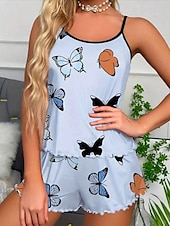 billige Søvnoverdeler og -nederdeler for kvinner-Dame Pyjamas Sett Fritid Komfort Sommerfugl Elastisk midje Stropp Topp Shorts Hjem Daglig Langermet stropper Rosa Blå Beige Sommer Normal