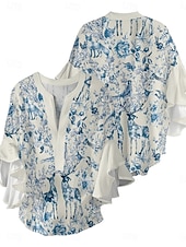 abordables Animaux Tops-Femmes Chemisier Fleuri Élégant Moderne Manche 3/4 Col en V Hauts Réguliers Quotidien Fête A Volants Imprimé Rose Claire Bleu Vert Abricot Été