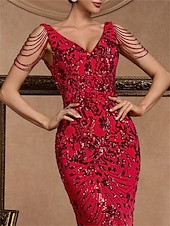 abordables ROJO-Vestidos de quinceañera de sirena/trumpet vestido elegante boda invitada de boda larga sin mangas con cuello de pico poliéster sin espalda con lentejuelas