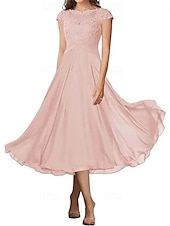billiga Te Längd-A-linjeformad bröllopsfestmammas klänning elegant enkel krage ankellängd chiffon kort ärm med veck solid färg