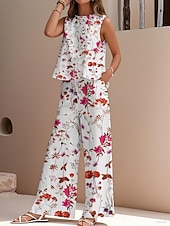 abordables Ensembles-Ensemble deux pièces élégant pour femme, mode streetwear, chemisier, gilet, pantalon, sans manches, col ras du cou, extérieur, travail, décontracté, imprimé floral, vacances, quotidien, vacances, blanc, bleu marine, bleu, été, coupe régulière