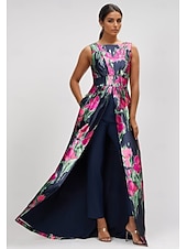 preiswerte Hosenanzüge &amp;amp; Overalls-Jumpsuits A-Linie Abendkleid Elegantes Kleid Formelle Hochzeitsgast Bodenlange Ärmellos Boot-Ausschnitt Satin mit Blumenmuster Tasche