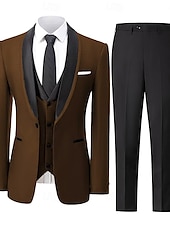 billige Middagsselskap-herredresser til fest, aftenantrekk, smokinger, brun, lysegrå, mote, formell, ensfarget, standard passform, 3-delt, enkeltspent, én knapp