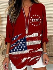 voordelige Onafhankelijkheidsdag Top-Vrouwen Patriottische Blouse Grafische Vlag Vintage Tropisch Hawaïaans Lange Mouwen V-hals Reguliere Tops Dagelijkse Vakantie Strandkleding Print Zwart Wit Rood Blauw Zomer Lente