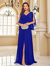 olcso KÉK-A-vonalú Quinceanera Ruhák Elegáns Ruha Formális Esküvői Padlói Hosszú Ujjú V Kivágású Chiffon V Hátsó Fodros Hasítékkal