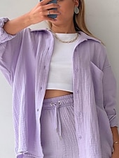 voordelige Korte sets voor dames-Dames Elegant Modieus Streetwear Katoenen linnen sets Lange mouw Overhemdkraag Effen Kleur Buiten Werk Casual Zwart Paars Oranje Zomer Ruim Passend