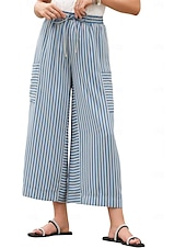 abordables pierna ancha y cintura alta-Mujer Perneras anchas Chinos Moda Ropa de calle Longitud total Alta cintura A Rayas Bolsillo Cintura elástica Estampado Confortable Suave Cómodo Microelástico Exterior Calle Azul Naranja Marrón Verde