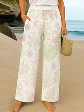 abordables jambe large et taille haute-Femmes Culottes Jambe Large Vacances ancien Style Ethnique Longueur complète Taille haute Fleuri Graphique Séchage Rapide Respirabilité Doux Non Elastique Formel Extérieur Vacances Rose Violet Vert