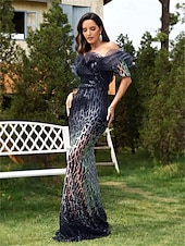ieftine albastru-Trompetă / Sirenă Rochii de Quinceanera Elegant Rochie Oficial Nuntă Lungime Podea Manșon scurt De Pe Umăr Polyester Fără Spate cu Paiete Volane 2025