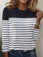 ieftine Tricou cu dungi și geometric-Pentru femei Tricou Dungi De Bază Manșon Lung Rotund Topuri obișnuite Zilnic Sfârșit de săptămână Imprimeu Negru Alb Roșu-aprins Albastru piscină Gri Toamna iarna