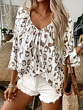 tanie Najlepsze zwierzęta-Damskie Letnie szczyty Graficzny Zwierzę Panterka Zabytkowe Codzienny Elegancki Rękaw 3/4 W serek Zwykłe topy Codzienny Smocked Nadruk Czarny Khaki Beżowy Lato Wiosna Jesień