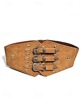 abordables Ceinture pour femme-Ceinture large élastique pour femme avec triple boucle vintage – Corset gothique en similicuir pour robes et costumes
