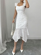 economico Abiti in pizzo bianco-Per donna Abito Midi Abito Bianco Abito in Pizzo Moda Moderno All&#039;aperto Vacanza Ferie Vestibilità regolare Semplice Senza Maniche Scollo a V Bianco Estate