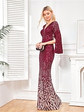 preiswerte BLAU-Meerjungfrau  Trompete Quinceanera Kleider Elegantes Kleid Formelles Hochzeitskleid Bodenlänge Langarm V-Ausschnitt Polyester mit Pailletten