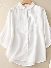 economico Camicie-Per donna Camicie di cotone e lino Tinta unica Elegante Essenziale Casual Manica 3/4 Colletto a Camicia Top Regolari Quotidiano Bottoni Bianco Rosa Azzurro Estate