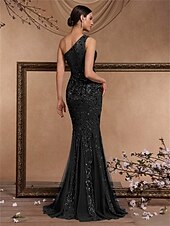 cheap BLACK-Mermaid / Trumpet Quinceanera Dresses Elegant Dress Formal Wedding Floor Length Sleeveless One Shoulder Polyester with Sequin 2025