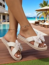 cheap Vacation Sandals-Women&#039;s Floral Bow Slip-On Rope Sandals – Cute Summer Beach Slides with Woven Sole for Vacations, Garden Parties, and Casual Daily Wear