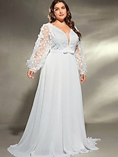 cheap Semi-formal / Cocktail-A-Line Evening Gown Elegant Dress Formal Wedding Sweep / Brush Train Long Sleeve V Neck Chiffon with Pleats