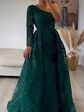 preiswerte GRÜN-A-Linie Abendkleid Elegant Kleid Formell Hochzeit Bodenlang Langarm Ein-Schulter Spitze mit Paillette 2025