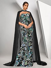 voordelige GROEN-Lichtblauwe Cape Jurk Zeemeermin  Trompet Avondjurk Elegante Jurk Formele Bruiloft Vloerlengte Mouwloos Strapless Stretch Crepe met Beading Kant