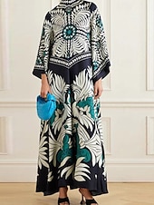 billige Boho-kjoler-Dame Lang kjole Maxikjole Swingkjole Print kjole Klassisk Moderne utendørs Ut på byen Normal Blomsternål i krystall Langermet V-hals Svart Hvit Rosa Mørkeblå Høst