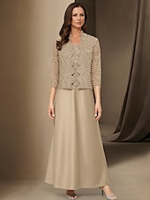preiswerte Mit Jacke-A-Linie 3-teiliges Kleid für die Brautmutter, elegant, schlicht, lässig, U-Boot-Ausschnitt, knöchellang, Satin, lange Ärmel mit Spitze 2025