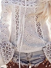 preiswerte Spitzenoberteile-Damen Bluse Spitzentops Einfach Modern Lässig Langarm Schulterfrei Normale Oberteile Täglich Ausgehen Spitze Fransen Weiß Sommer
