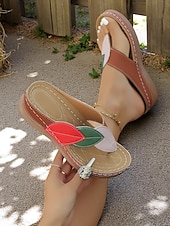 billige Komfortsandaler-Kilesandaler med fargeblokkmønster i bladdesign til dame – myke slip-on-flip-flops for hage, brunsj og sommerturer
