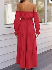 preiswerte Frauen schwarzes Kleid-Damen Langes Kleid Maxikleid Schößchen Kleider Mode Modern Outdoor Urlaub Ferien Normale Passform Einfach Dreiviertelarm Schulterfrei Schwarz Rote Beige Sommer