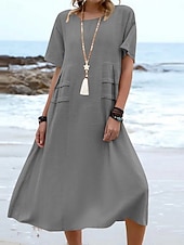 preiswerte Kleider-Damen Midikleid A Linie Kleid Sommerkleid Lässig Täglich Lässiger Schnitt Einfach Kurzarm Rundhalsausschnitt Blau Gelb Rosa Orange Sommer