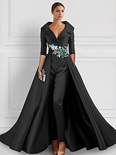 billige GRØNN-A-linje Kveldskjoler Elegant Kjole Formell Bryllup Gulvlengde Halvlange ermer Skjortekrage Sateng med Spalte Broderi Appliqué 2025