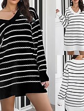 halpa Neulotut mekot-Naisten Mini mekko Neulemekko Länsimainen mekko Muoti ulko- Juhla Pyhäpäivä Normaali Raidoitettu Pitkähihainen V kaula-aukko Musta Syksy
