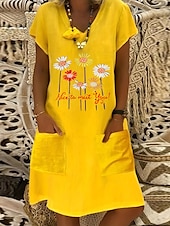abordables Robes Bohémiennes-Femmes Robe Midi Robe en lin Robe Décontractée Robe bohème Robe Imprimée Élégant Mode Classique Manches bouffantes Vacances Fête Robe d&#039;Automne Coupe régulière Fleuri Marguerite Manche Courte Col en V