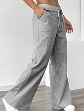 abordables jambe large et taille haute-Femmes Jambe large Slacks Streetwear Occasionnel Longueur complète Naturel Rayé Avec Poches Conception à cordon élastique Extérieur Confortable Fête Décontracté Quotidien Magenta Bleu ciel clair Gris