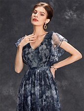 economico BLU-Abiti Quinceanera A-Line abito elegante formale lungo senza maniche scollatura a V in chiffon con stampa floreale