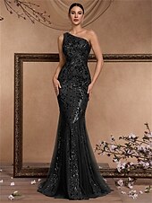 cheap BLACK-Mermaid / Trumpet Quinceanera Dresses Elegant Dress Formal Wedding Floor Length Sleeveless One Shoulder Polyester with Sequin 2025