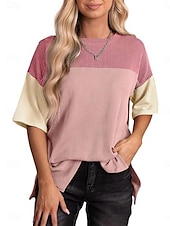 billige Stripe og geometrisk t-skjorte-Dame T skjorte Fargeblokk Mote Moderne Fritid Kortermet Crew-hals Vanlige topper Daglig Helg Lapper Svart Rosa Oransje Grønn Kakifarget Sommer Vår