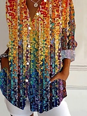 preiswerte Damen Kunst- und Design-Oberteile-Damen Hemd Ombre Grafik Geometrisch Täglich Stilvoll Modern Langarm Hemdkragen Normale Oberteile Täglich Ferien Knöpfe Druck Rote Regenbogen Sommer Frühling Herbst