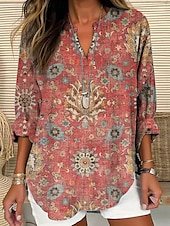 billige Blomstrete topper-Dame Bluse Blomstret Grafisk Elegant Stilfull Langermet V-hals Vanlige topper Daglig Ferie Trykt mønster Svart Rød Blå Grønn Vår Høst