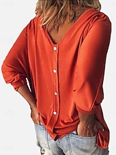 economico T-shirt semplice-T-Shirt Donna Colore Unito Stile Casual Manica Lunga Collo a V Top Regolari Giornalieri Bottoni Blu Nero Bianco Vino Verde Militare Estate Primavera Autunno
