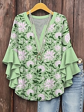 billige Blomstrete topper-Dame Bluse Blomstret Grafisk Daglig Stilfull Fritid 3/4 ermer V-hals Vanlige topper Daglig Ferie Ferieklær Trykt mønster Rosa Blå Lilla Grønn Sommer Vår