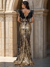 preiswerte Meerjungfrau Abendkleider-Black Tie Gold Pailletten Meerjungfrau  Trompeten Abendkleid Elegantes Kleid Formelle Hochzeit Bodenlange Ärmellos V-Ausschnitt Stretch-Satin mit Rüschen