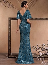 cheap BLUE-Mermaid / Trumpet Quinceanera Dresses Elegant Dress Formal Wedding Floor Length Short Sleeve V Neck Polyester V Back with Sequin 2025