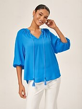 abordables Blouses &amp; Shirts-Blue Chiffon Ruched Vacation Top
