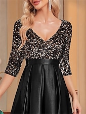 cheap BLACK-A-Line Quinceanera Dresses Elegant Dress Formal Wedding Floor Length Long Sleeve V Neck Polyester with Sequin