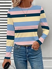 ieftine Tricou cu dungi și geometric-Pentru femei Tricou Grafic Geometric Dungi Epocă Stilat Clasic Manșon Lung Stil Nautic Rotund Topuri obișnuite Zilnic Imprimeu Roz Îmbujorat Roșu-aprins Fucsia Vară Primăvară Toamnă