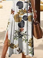 ieftine Rochii florale-Pentru femei Rochie Maxi Rochie casual Rochie de Vară Rochie A line Elegant Vacanță Casual Plajă Fit regulat Floral Grafic Frunză Manșon scurt În V Negru și Alb Galben Roșu-aprins Albastru piscină