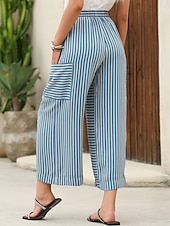 abordables pierna ancha y cintura alta-Mujer Perneras anchas Chinos Moda Ropa de calle Longitud total Alta cintura A Rayas Bolsillo Cintura elástica Estampado Confortable Suave Cómodo Microelástico Exterior Calle Azul Naranja Marrón Verde