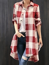 tanie Koszule-Damskie Szałat Wygodny Oddychający Guziki Nadruk Codzienny Kratka Urlop Ulica Codzienny Dzienne zużycie Guziki jednorzędowe Długie Wieczorne Regularny Długi rękaw Odzież wierzchnia Czarny i biały